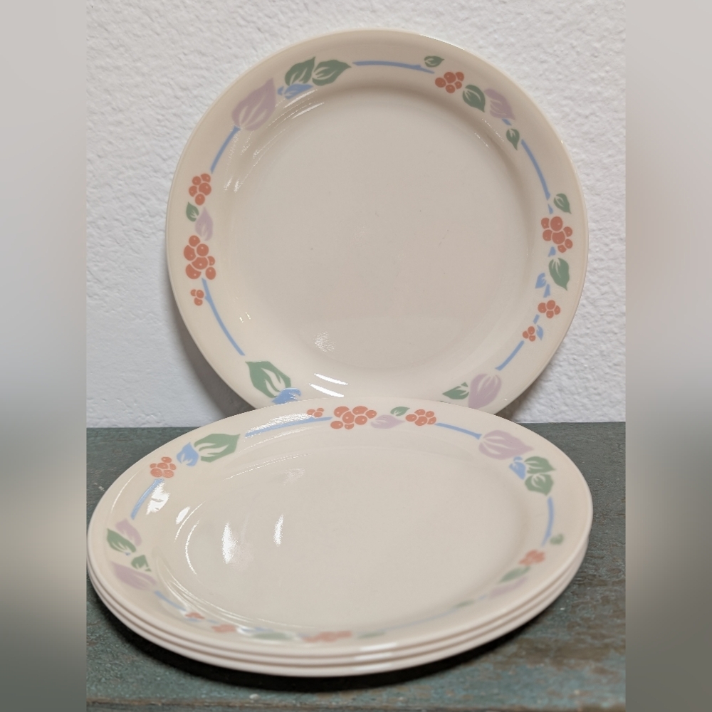 Set of 4 Corelle Corning Rosa Pattern Beige Berries Bread Dessert Plates ~7.25"